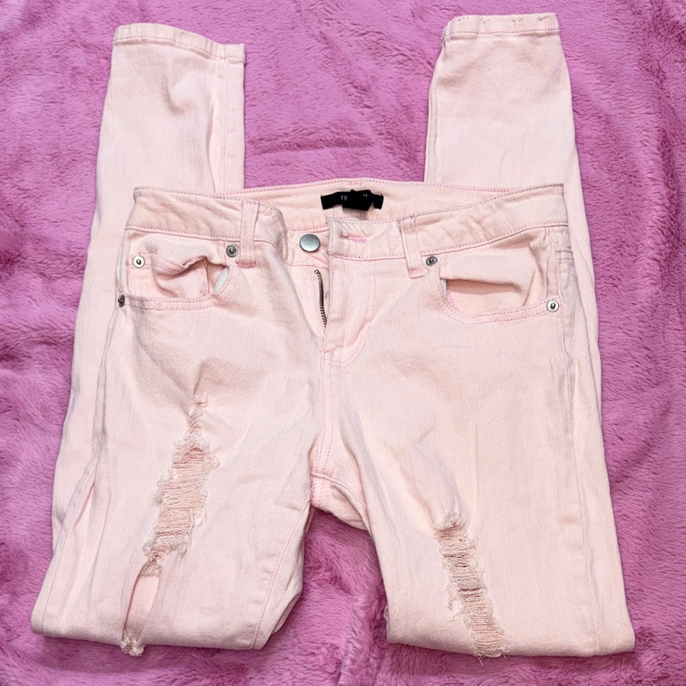 Forever 21 Blush Pink Denim Distressed Skinny Jeans